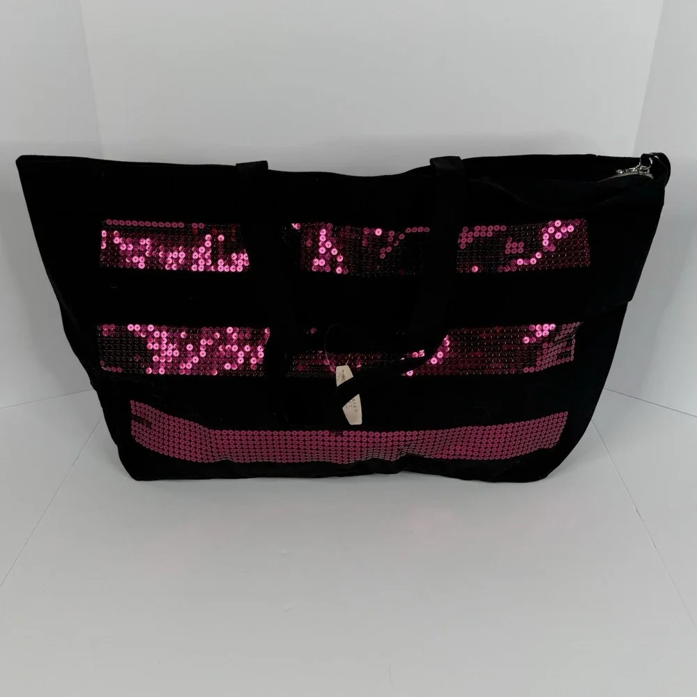 Victoria's Secret VS Logo Black Pink Striped Sequin Tote Travel Bag NWT